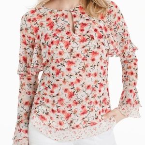WHBM white floral ruffle blouse size 0 keyhole